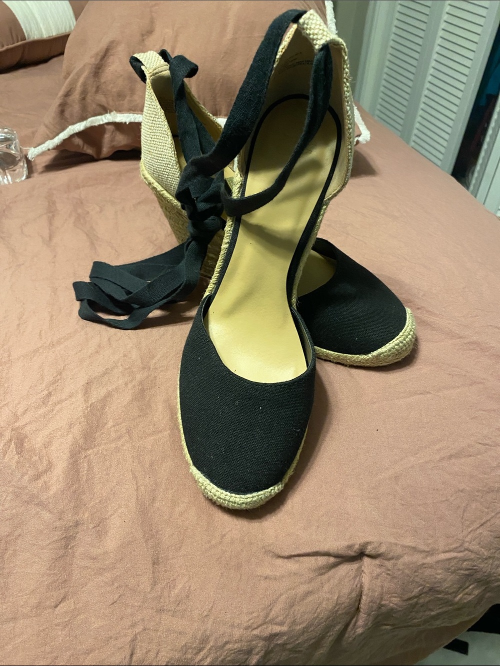 JustFab Black Espadrille Wedge Sandals with Ankle Wrap